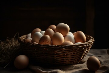 Close-up of homemade chicken eggs in a basket under soft lighting. Generative AI - obrazy, fototapety, plakaty