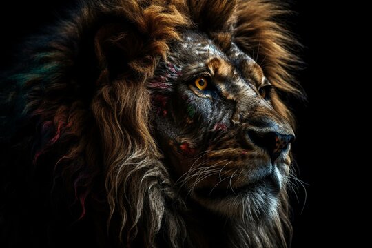 A black background featuring the head of a lion with Rastafarian colors and traits. Generative AI