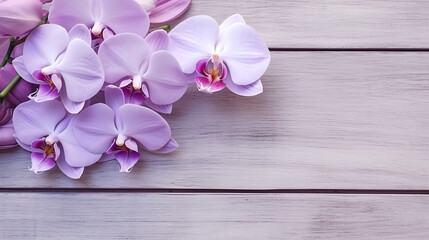Orchids on a wooden table, top view and copy space. Generative AI.