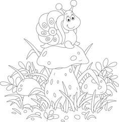 Friendly smiling little snail on a large cap of a cep mushroom among grass on a summer forest glade, black and white outline vector cartoon illustration for a coloring book