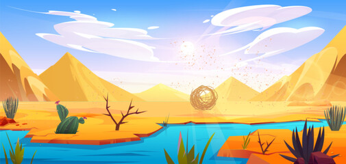 Fototapeta na wymiar Desert river landscape with tumbleweed ball vector cartoon background. Oasis with lake water in dry african Sahara illustration with flying tumble weed roll with dust particles near green cactus.