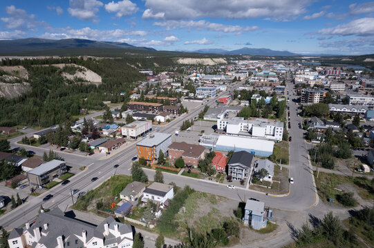 Aerial Drone image of the gold rush town of Whitehorse in the Yukon Territory