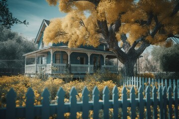 A blue house with picket fence, tree, and yellow flowers. Generative AI