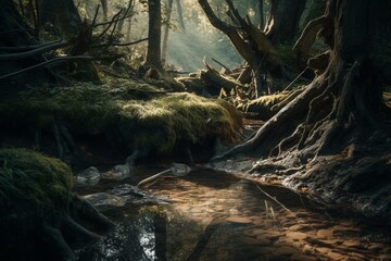 Forest landscape with water stream creates an abstract art backdrop. Generative AI