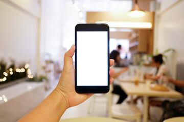 Close up of women's hands holding cell telephone blank copy space screen. smart phone with technology concept