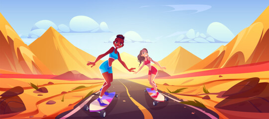 Fototapeta premium Sexy woman on desert asphalt road with skateboard cartoon landscape. Girl couple do extreme sport in dry african terrain. Cool female skater travel in sahara panorama for adventure game illustration