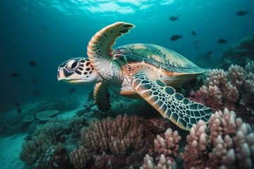 Obraz na płótnie Canvas Ocean turtle with coral reef & fish. Generative AI