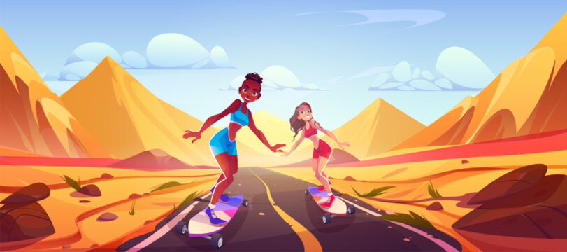 Sexy woman on desert asphalt road with skateboard cartoon landscape. Girl couple do extreme sport in dry african terrain. Cool female skater travel in sahara panorama for adventure game illustration