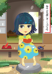 古い和風の家でスイカを持った少女の暑中見舞いイラスト