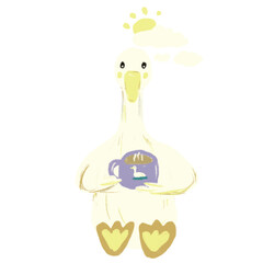 Duck illustration hand drawn. Duck drink coffee in the morning .