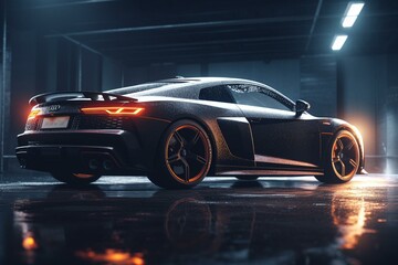 Obraz na płótnie Canvas 3D sports car in a dark studio-like setting, graphical representation. Generative AI