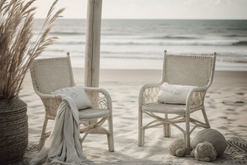 Fototapeta na wymiar Beachy decor in pale tones w/ woven chairs, fake frame in background. Generative AI