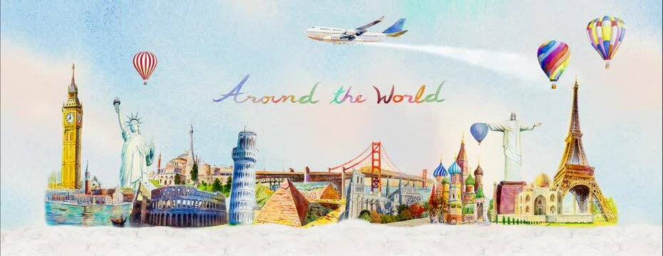 Travel around the world in animation with airplane and hot air balloons popular tourist attraction. Travel famous landmarks of the worlds, Illustration animation for advertising.