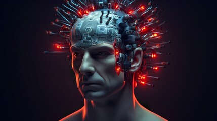 Captivating image representing the biohacking concept, featuring a human head with abstract technological elements. Modifying human bodies for improved cognitive and physical functions. Generative AI