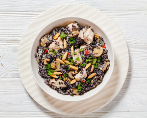 black rice with cream, chicken, mushrooms, almonds
