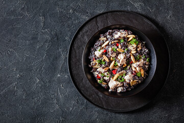 black rice with cream, chicken, mushrooms, almonds