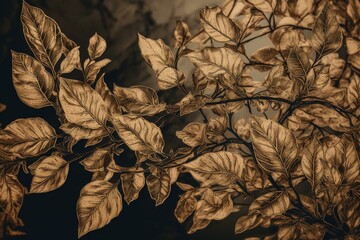 Doodles of leafy branches in golden outlines. Generative AI