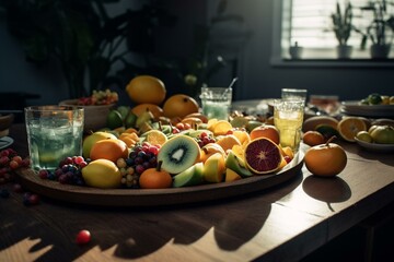 Fototapeta na wymiar A table with fruit and water. Generative AI