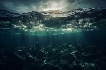 Fototapeta na wymiar Empty underwater landscape of ocean depths with waves. Generative AI