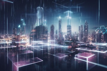 Fototapeta na wymiar Futuristic holographic city on blurred tech backdrop. Metaverse, innovation, and tech. 3D rendering. Generative AI