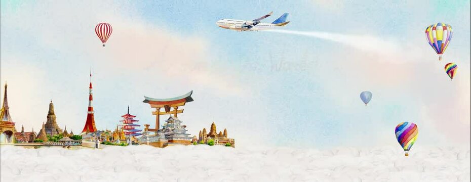 Travel famous landmarks of the worlds, Travel around the world in animation with airplane and hot air balloons popular tourist attraction. Illustration animate style.
