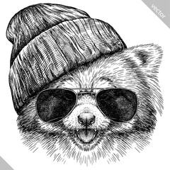 Vintage engraving isolated red panda set glasses dressed fashion illustration ink costume sketch. Chinese bear background animal silhouette sunglasses hipster hat art. Hand drawn vector image.