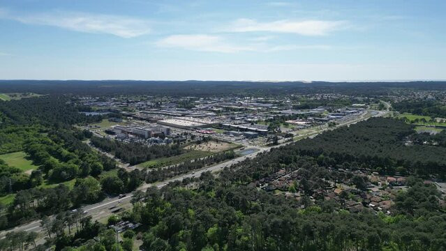 View of E.Leclerc La Teste De Buch Mall and supermarket area in Western France, Aerial approach shot