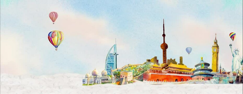 Landmark painting animation travel famous landmarks of the worlds, Travel around the world in animation with airplane and balloons  popular tourist attraction. Illustration animate style.