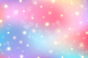 Rainbow pastel background with stars. Unicorn glitter galaxy. Abstract fantasy space. Holographic iridescent design with sparkles. Vector cosmic bg. © Chorna_L