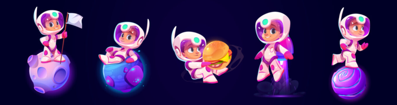 Kid astronaut spaceman cute cartoon vector character. Isolated spaceman in galaxy suit and helmet with flag and cheeseburger. Happy little baby in cosmic costume flying with jetpack and run planet