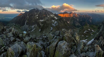 View from Vychodna Vysoka High Tatras national park, Slovakia Mountain panorama. Tatras - Gerlach peak at sunrise or sunset