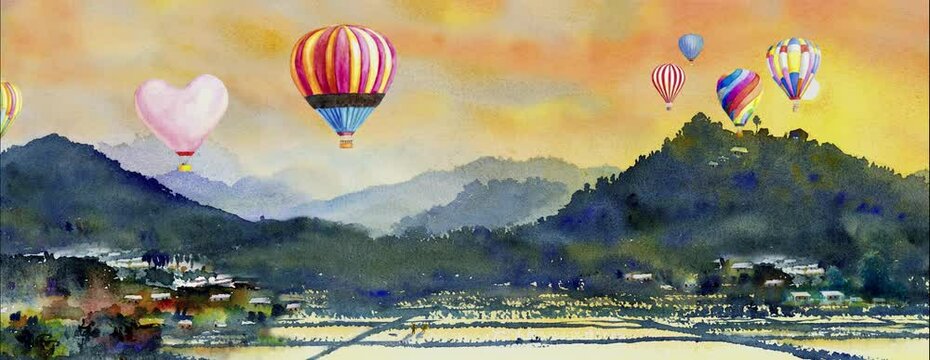 Painting animation rendering balloons on mountain in the panorama view, Watercolor landscape paintings and emotion rural society, nature background. Hand paint abstract illustration animation.