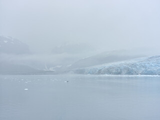 Glaciers in mist and fog on Prince William Sound near Whittier Alaska