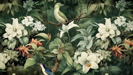 Vintage exotic floral background pattern, generative ai