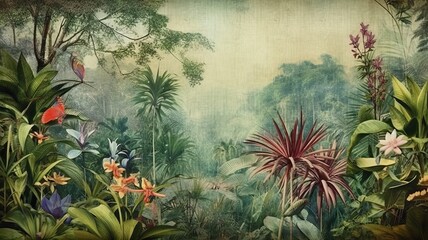 Fototapeta na wymiar Vintage exotic floral background pattern, generative ai