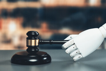 Future innovative concept of efficient and fair justice system with closeup robotic hand holding...
