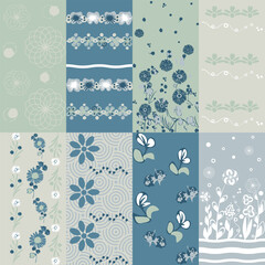 Fototapeta na wymiar Set of 8 Vector illustration. Seamless floral geometric patterns. Design elements for print swatch textile fabric background. Pastel shades
