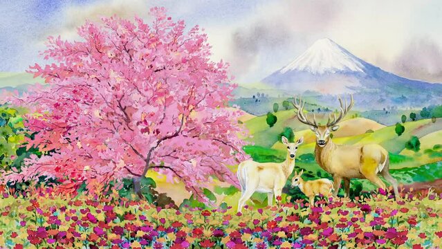 Painting animation deer family with field of cosmos flowers and spring sakura in the wind with butterflies. Paintings pring sakura season in the wind, Watercolor painting fuji mountain background.