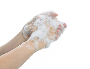 Woman washing nails on white background
