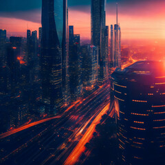 A futuristic cityscape at dusk.