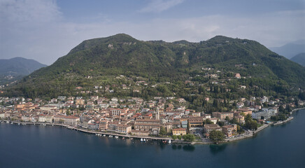 Fototapeta na wymiar Panoramic view of the historic part of Salò on Lake Garda Italy. Tourist site on Lake Garda. Aerial view of the town on Lake Garda.