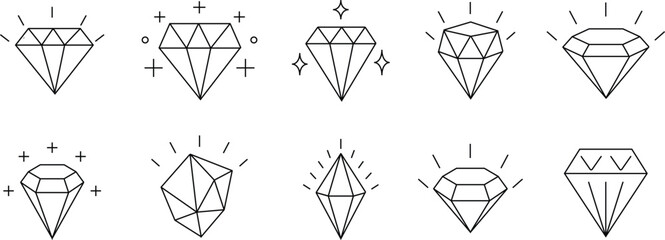  set of diamonds flat outline vector illustration, line design, isolated on white background