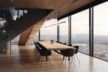 A contemporary conference space featuring wood, concrete, furnishings, stairs, and an expansive window overlooking the city, rendered in 3D. Generative AI