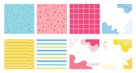 Set de ocho patrones tipo papel tapiz o fondos para diseños de colores diversos en circulos y lineas color rosado azul y amarillo  - obrazy, fototapety, plakaty