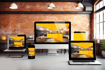 Industrial office mockup responsive website builder on laptop screen. Close-up. Generative Ai content