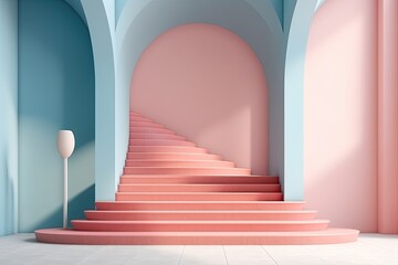 Harmonious Elevation: Modern Room Design with a Captivating Pastel Palette and Striking Staircase (Generative AI)
