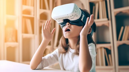 Enthusiastic kid wearing a VR headset, demonstrating the application of Virtual Reality in education. Interactive and immersive learning experiences offered by technology. Generative AI