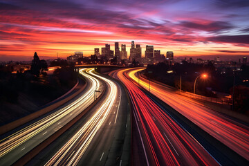 Fototapeta na wymiar City sunset skyline landscape with car light trails long exposure