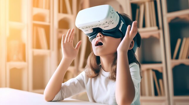 Enthusiastic kid wearing a VR headset, demonstrating the application of Virtual Reality in education. Interactive and immersive learning experiences offered by technology. Generative AI