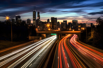 Fototapeta na wymiar City Skyline Landscape with car light trails